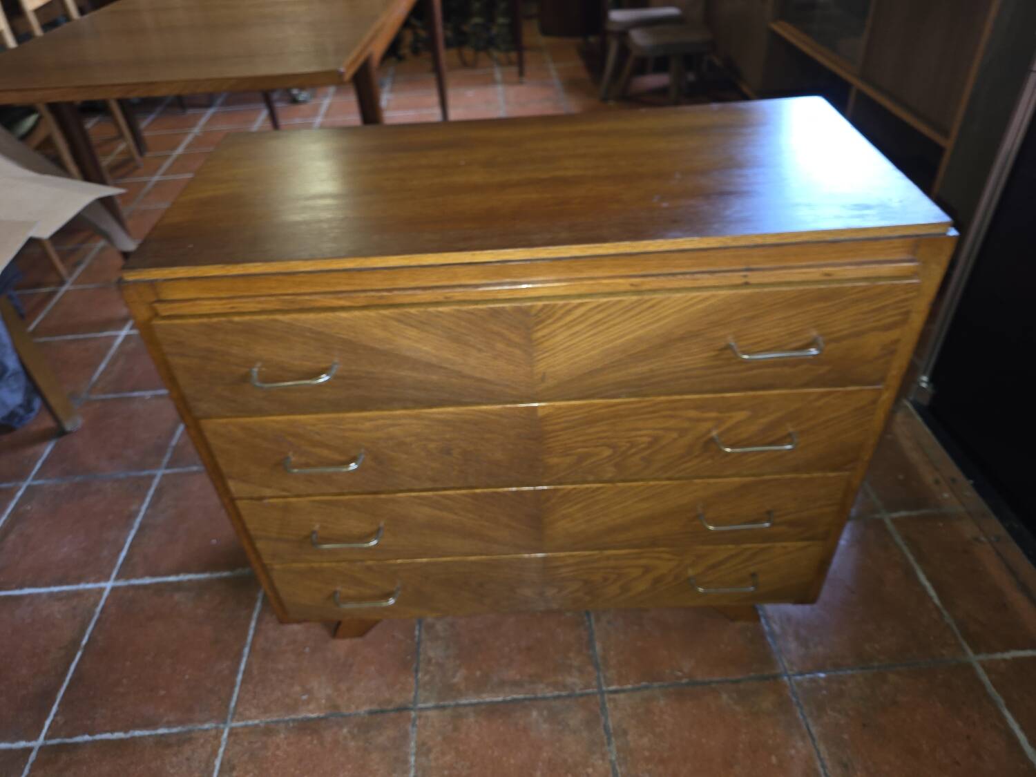Vintage oak chest of drawers with herringbone patterns from the 1960s.