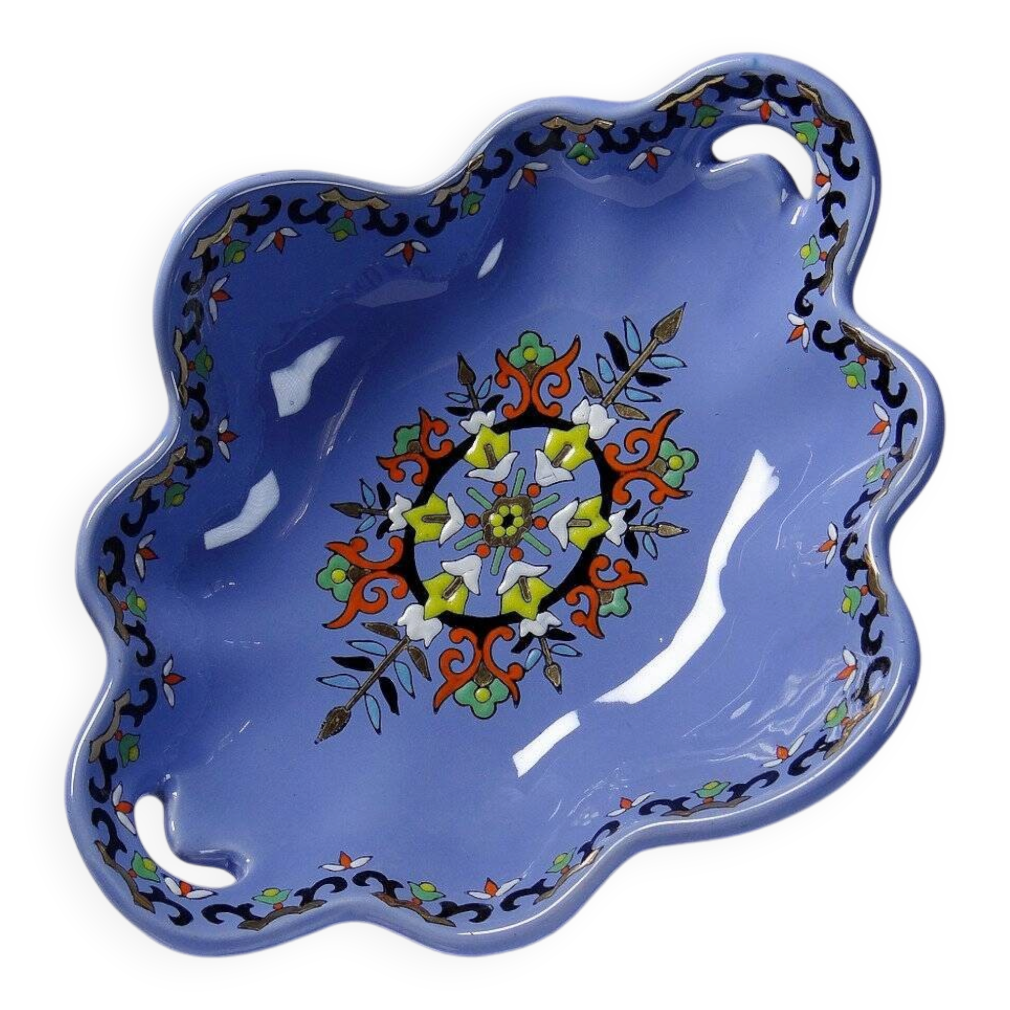 Vintage Chartres model faience and enamel pocket bowl from Longwy.