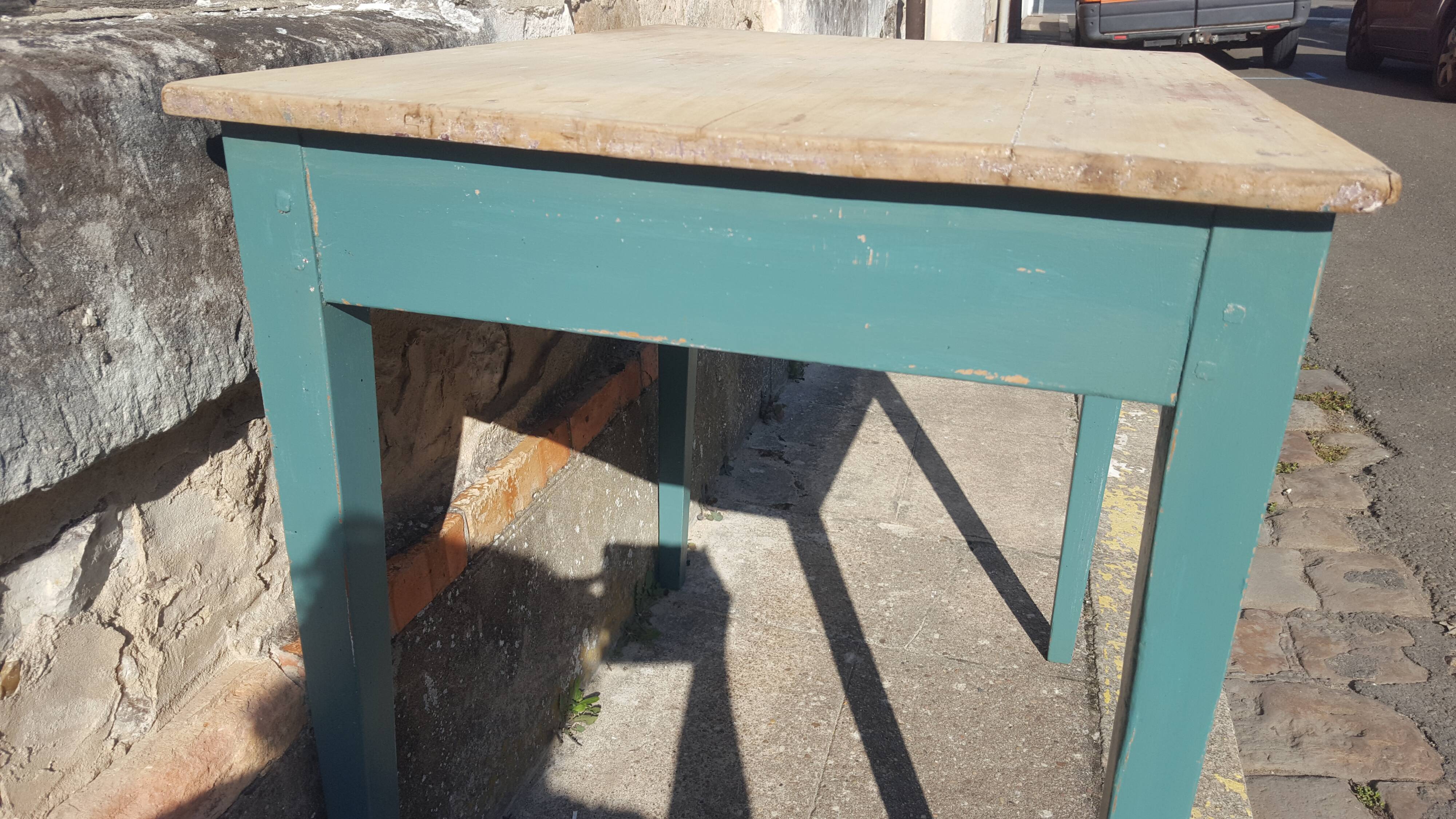 Table de ferme d'appoint patine turquoise
