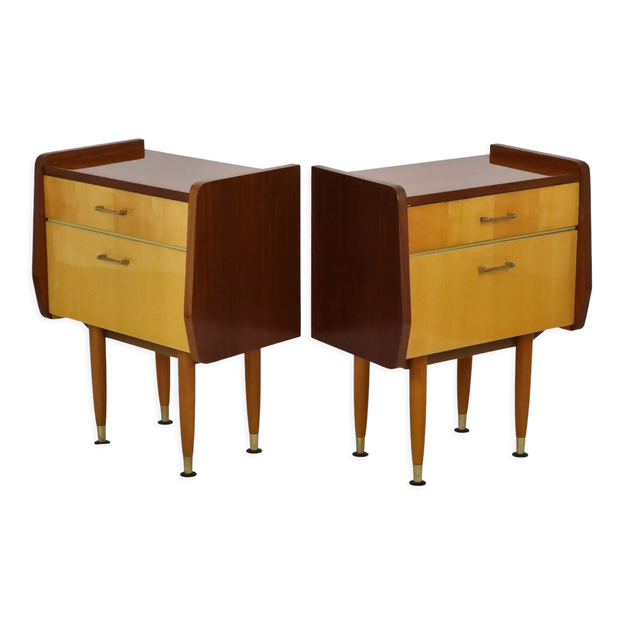 Pair of vintage wooden bedside tables brass handles 60s design