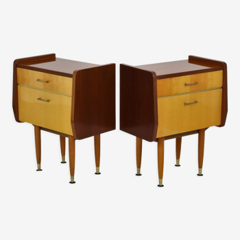 Paire de tables de chevet en bois vintage poignées en laiton design des années 60