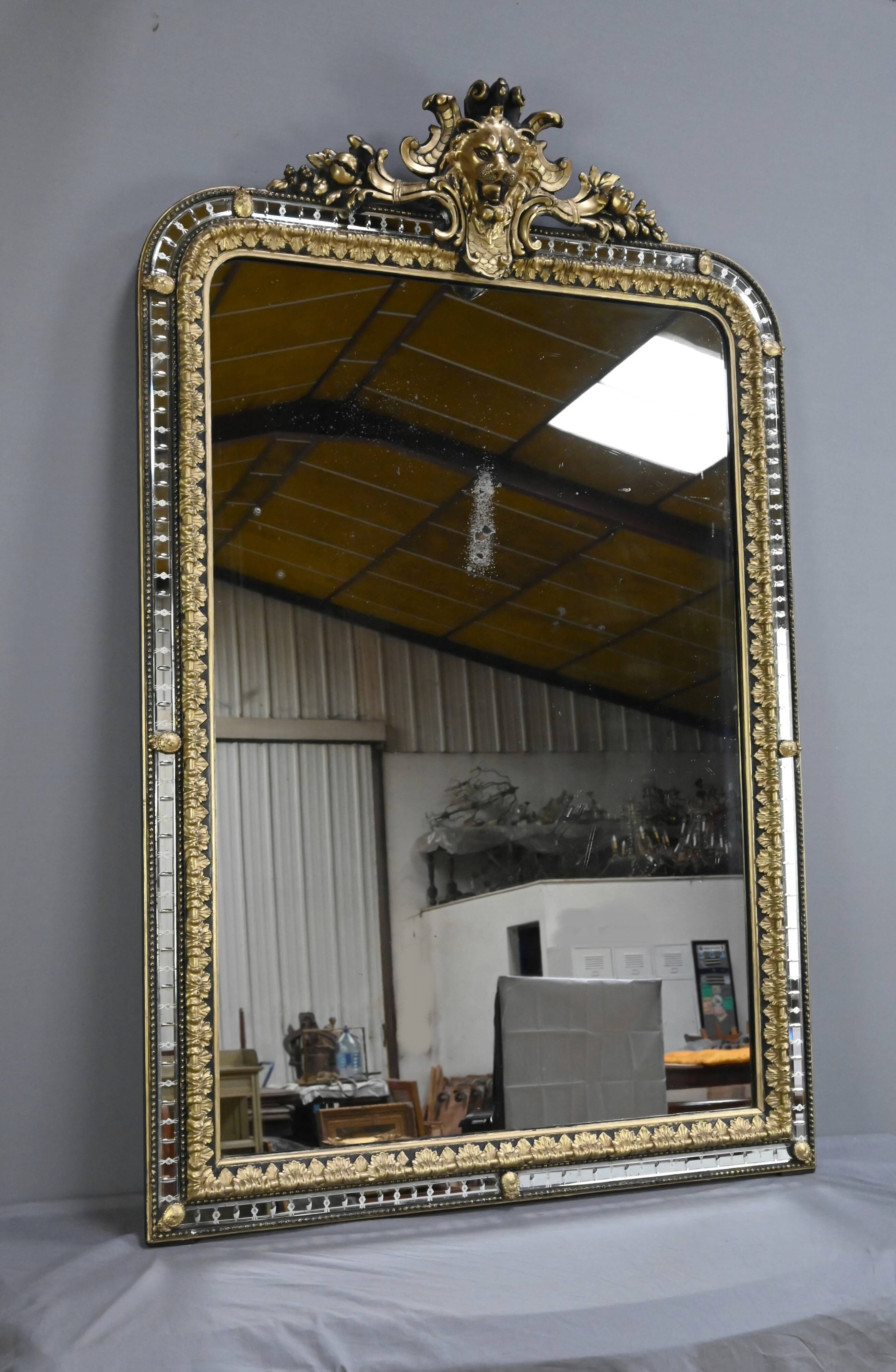 Large Mirror with Parcloses in Gilded and Blackened Wood, Napoleon III Style –