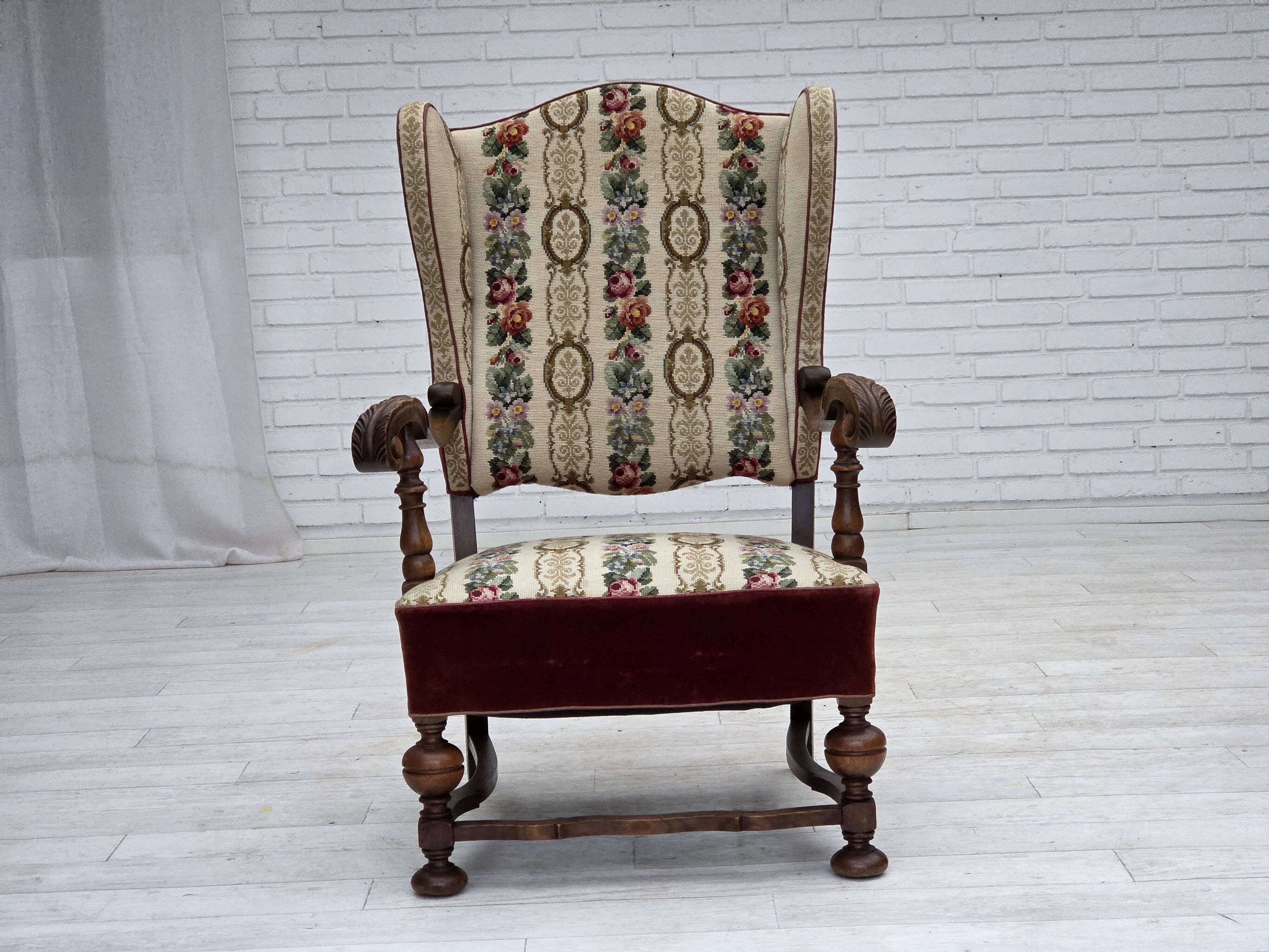 1950s, Danish wingback armchair, wool fabric, red furniture velour.