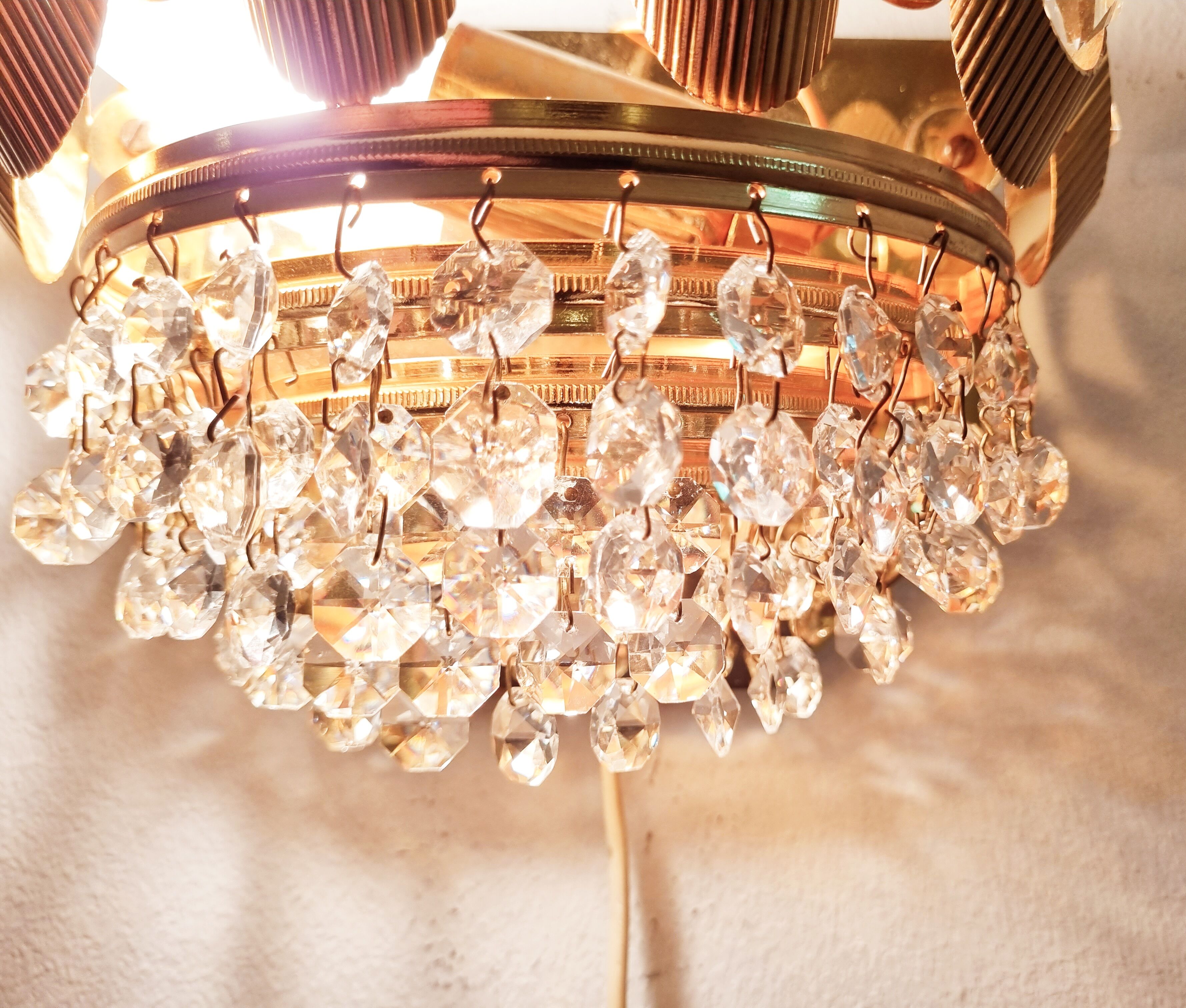 Set of 2 Palwa wall lights, crystal sconces, Hollywood Regency glam vintage decor lamps, 1960s