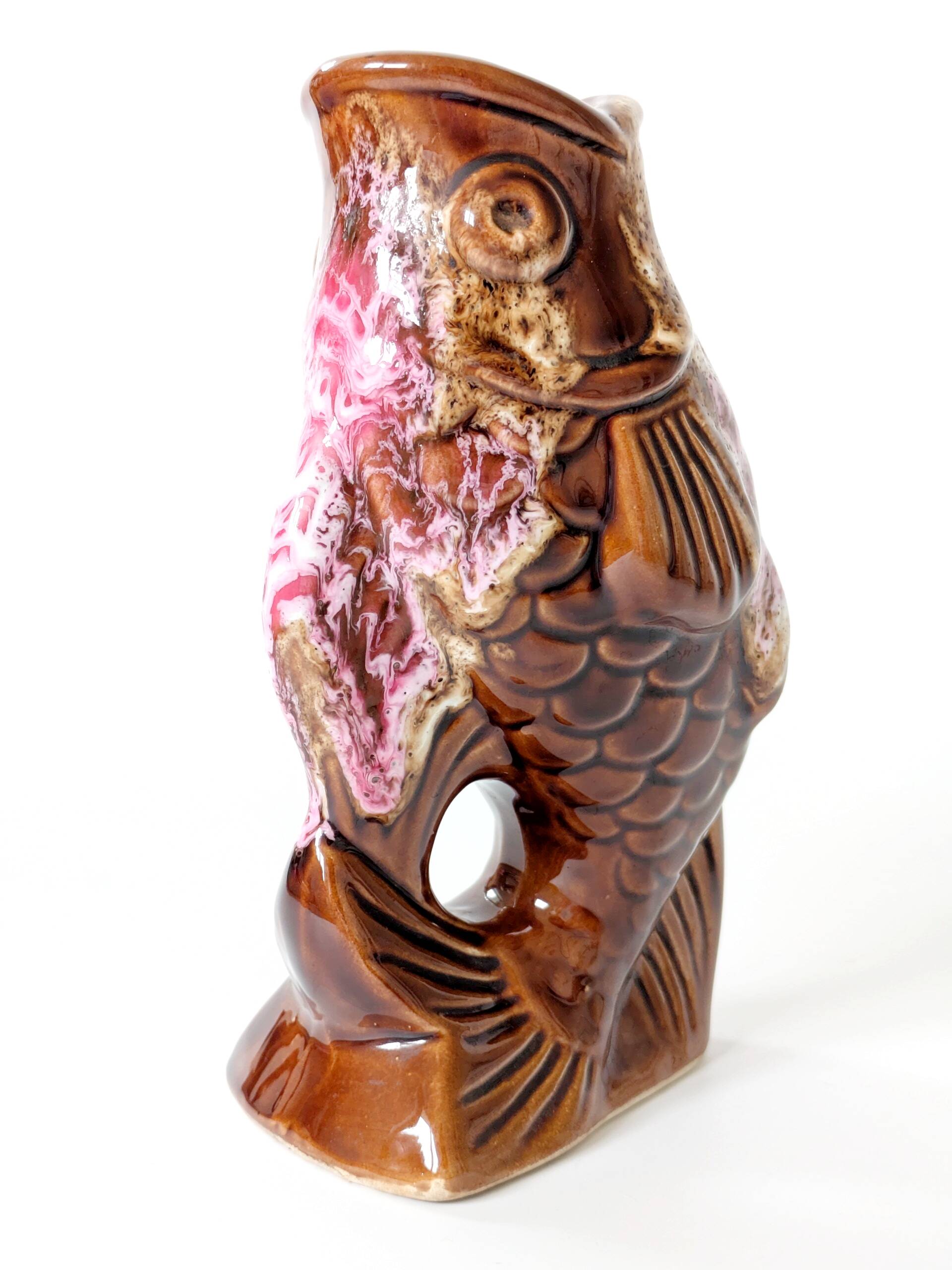 Vallauris fish pitcher vase from the 60s, amber and pink