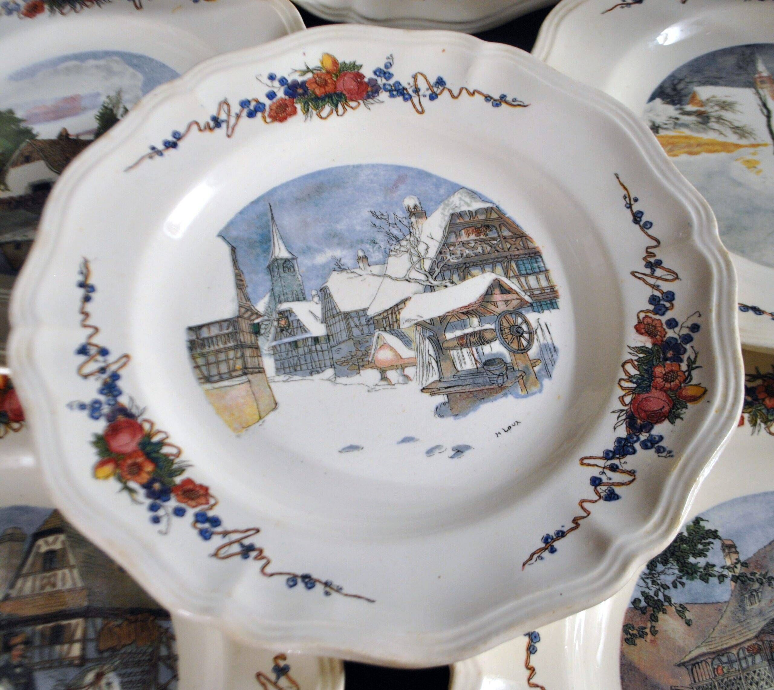 Sarreguemines set of 6 flat plates Obernai village Alsace by Loux