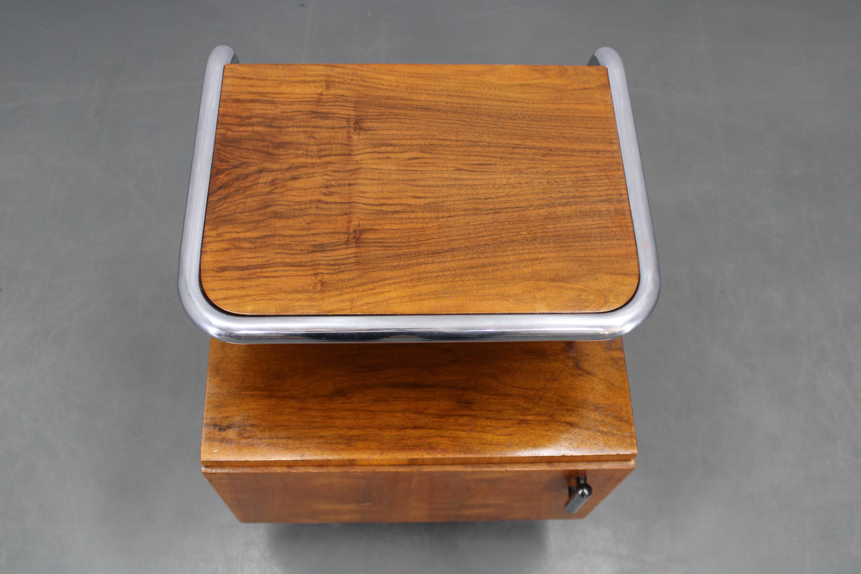 Restored Bauhaus chrome and walnut nightstand, Czechoslovakia 1940s