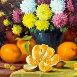 L.Maes. Still life with flowers and fruits. Large format.
