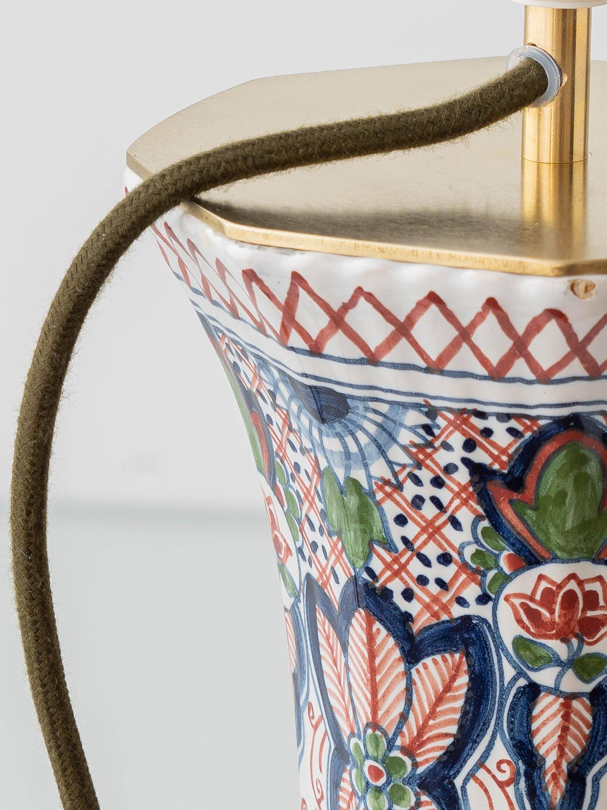 Pair of Dutch Delft Makkum ceramic table lamps with new olive green velvet shades.