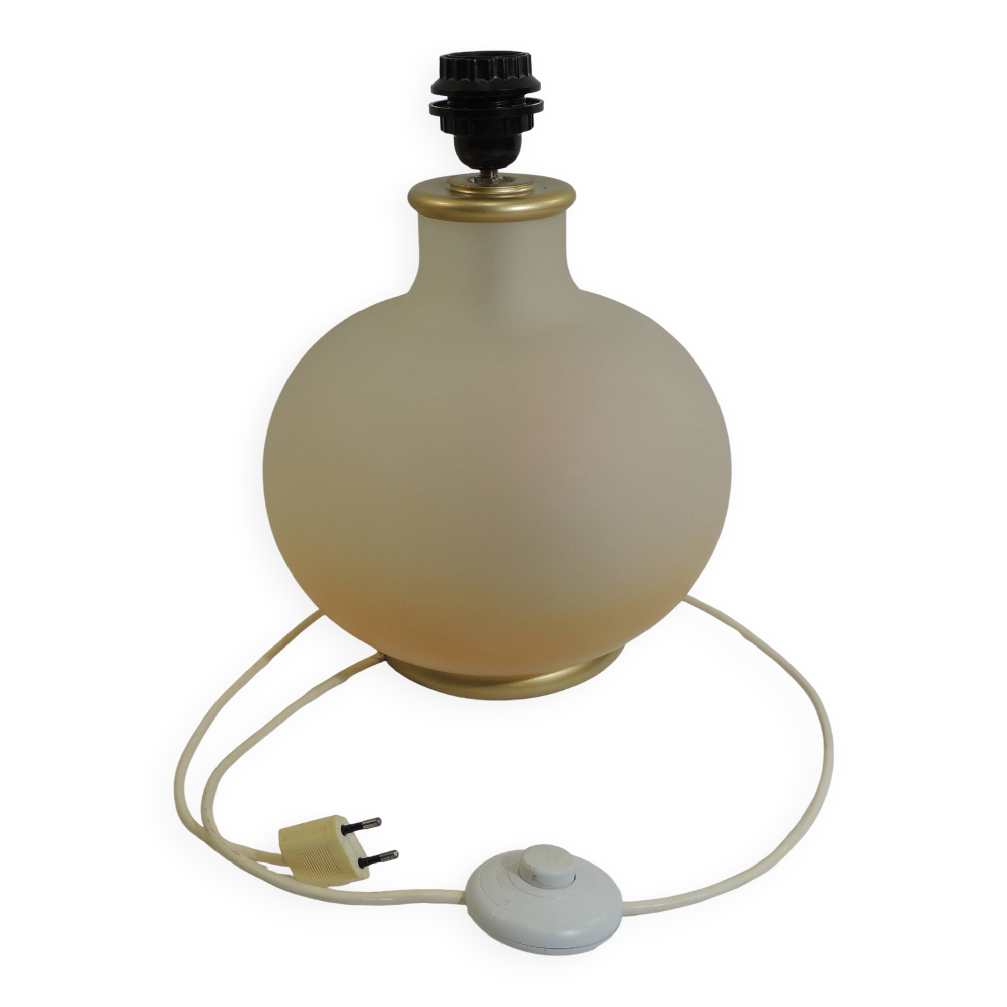 Vintage frosted glass lamp, round globe, elegant design, soft light.