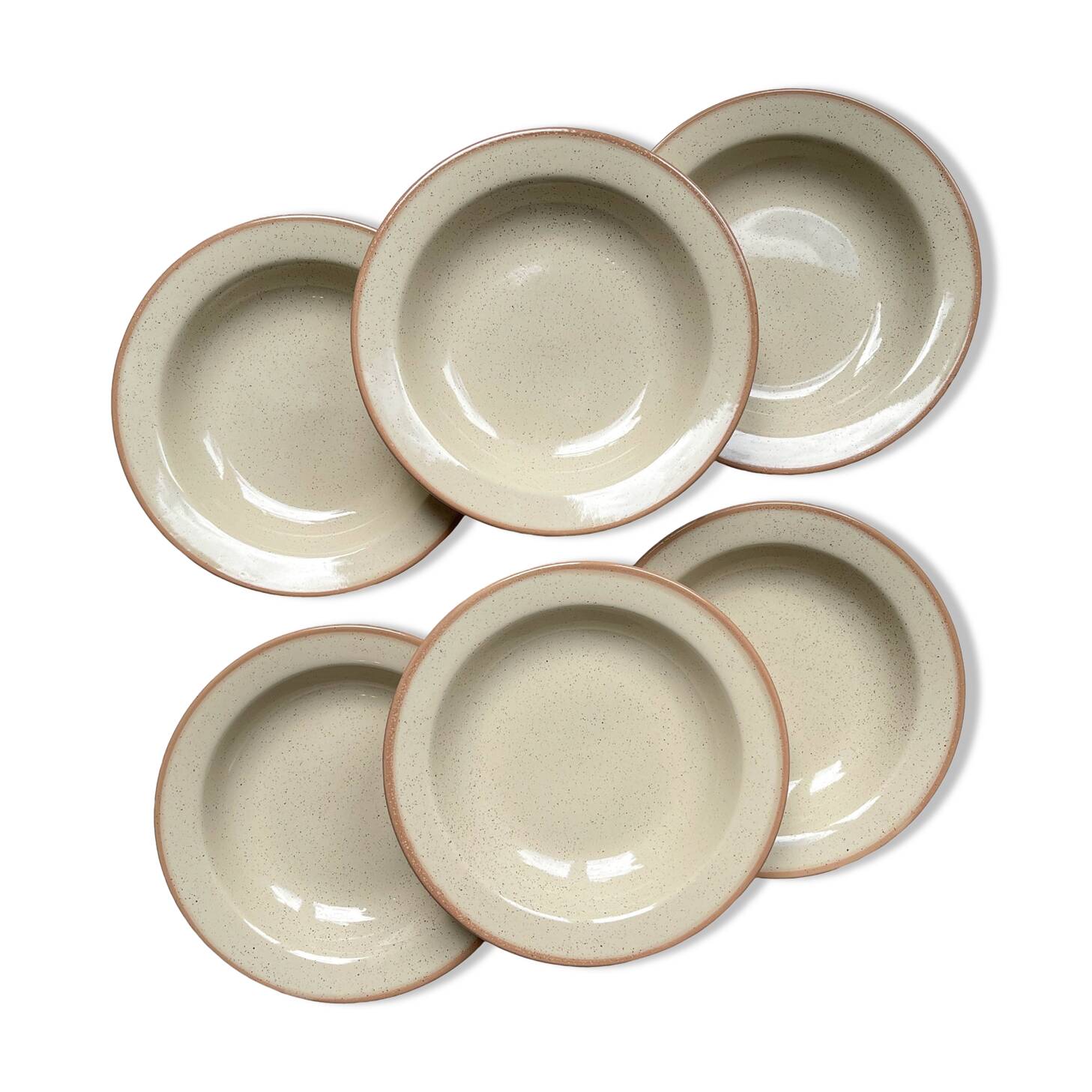 6 Deep plates in speckled beige stoneware, Tulowice style, Poland 1970