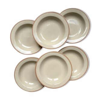6 Deep plates in speckled beige stoneware, Tulowice style, Poland 1970