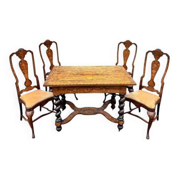 Salon hollandais 1900, table et 4 chaises en marqueterie estampillé IDRAC