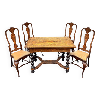 Dutch living room set, circa 1900, table and 4 chairs in marquetry stamped IDRAC