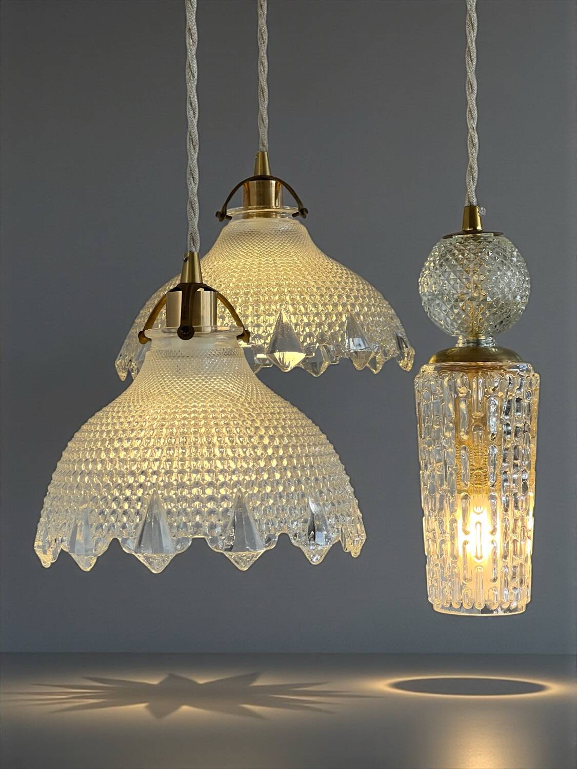 Triple pendant light with Holophanes and vintage tulips