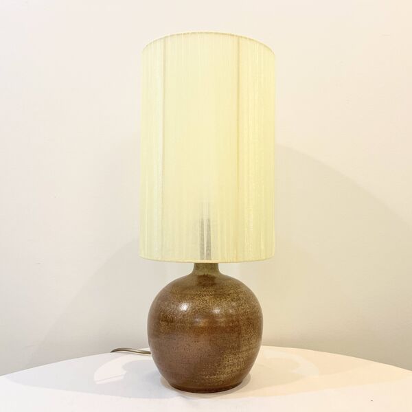 XXL Pied de Lampe vintage en grès gris parité et abat-jour en raphia 1970