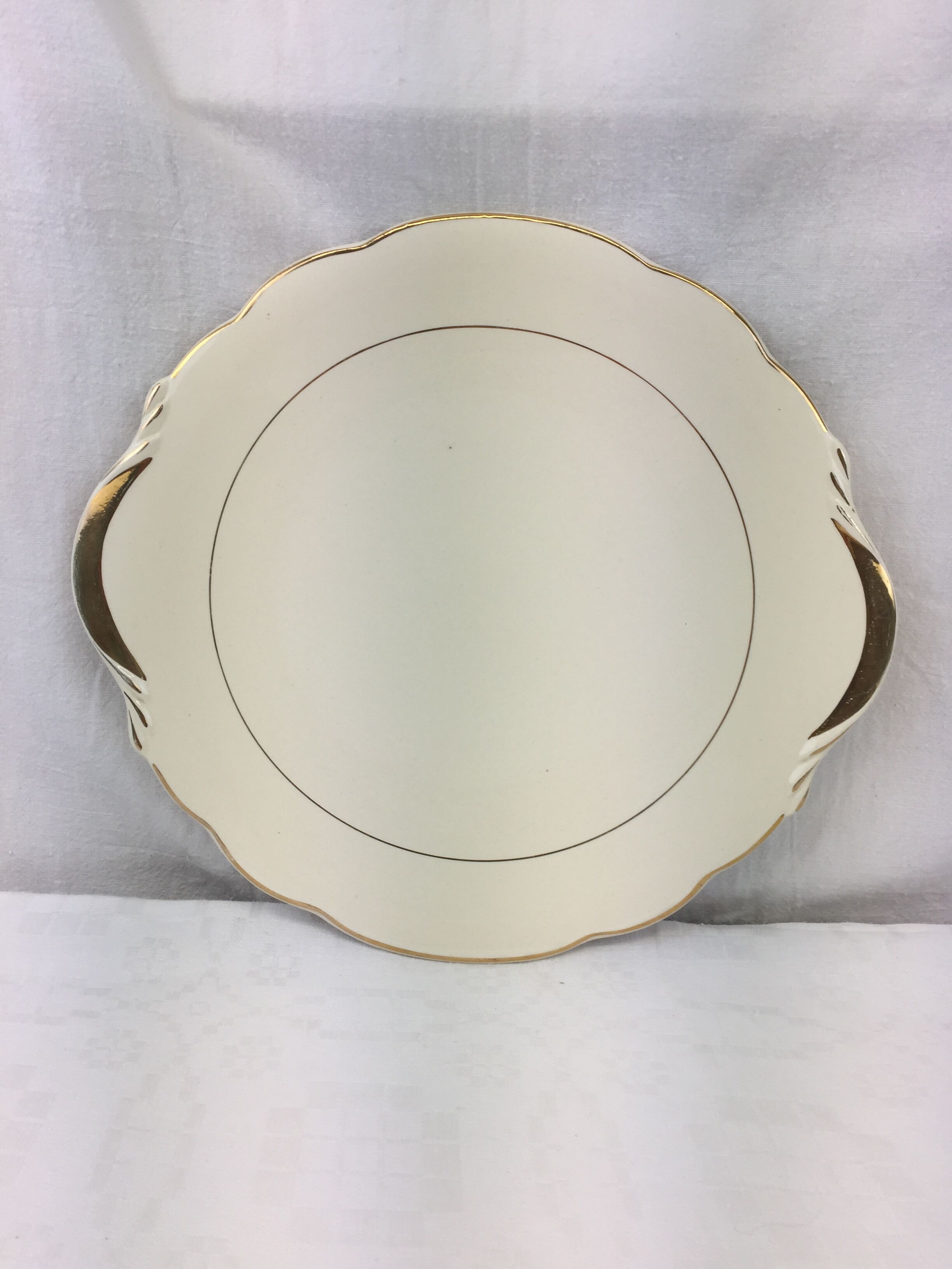 Antique round dish with handles, ivory and gold colored porcelain, made in France Sarreguemines Digoin
