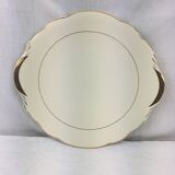 Plat rond ancien avec anses, porcelaine couleur ivoire et or, made in France Sarreguemines Digoin