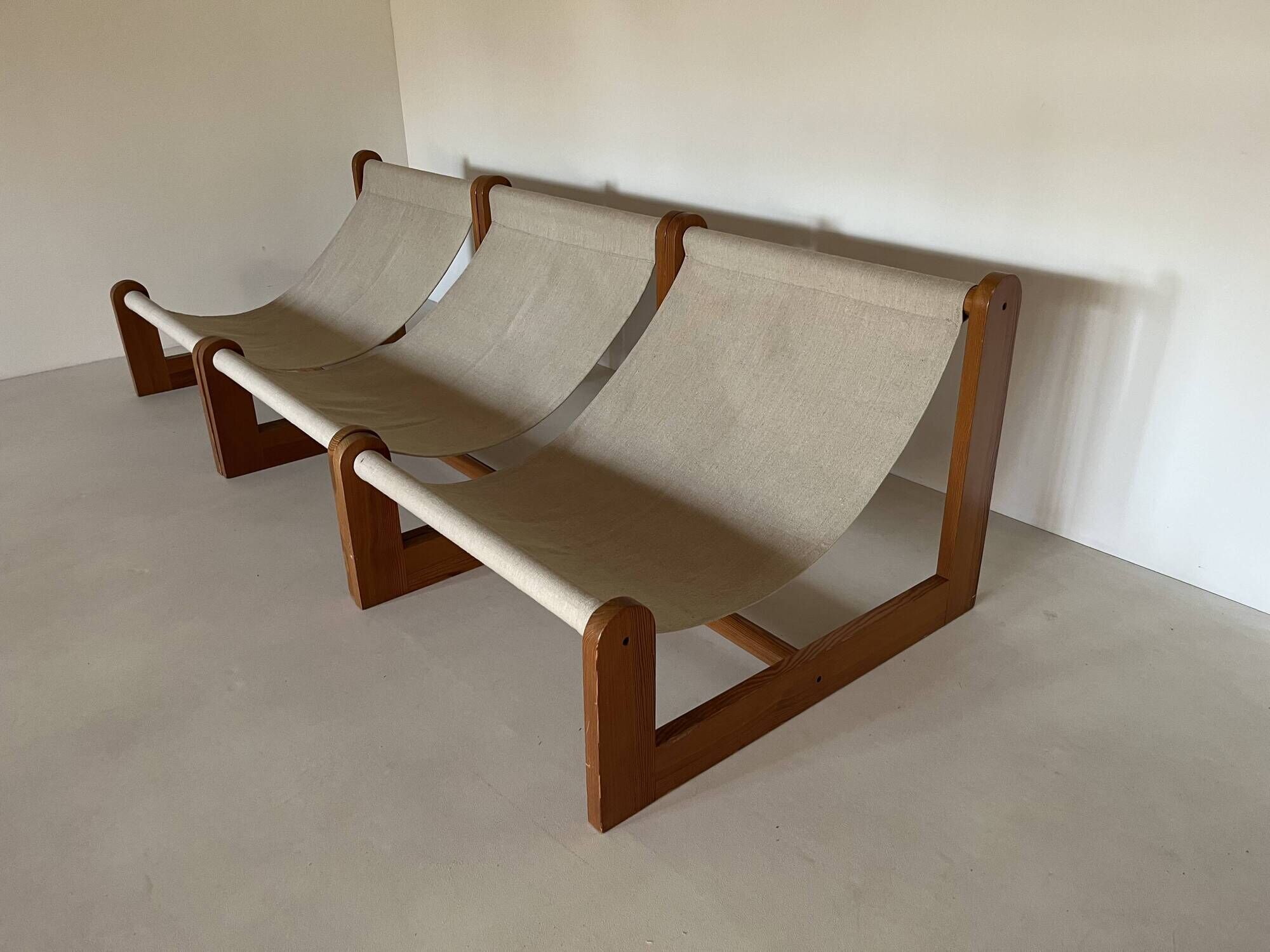 Sling chair in pine, canvas and sheepskin, 1970s
