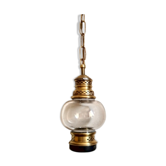 Ancienne lanterne en verre et laiton vintage, suspension lanterne marine  avec chaîne