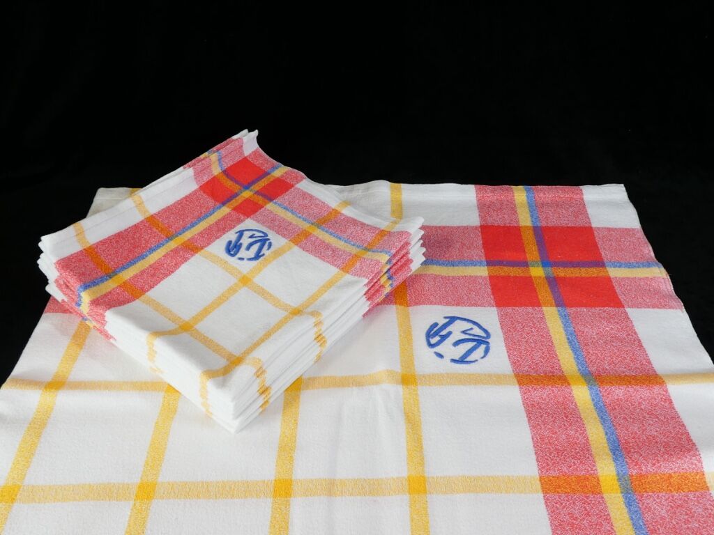 Old tablecloth and 11 towels crossed red blue