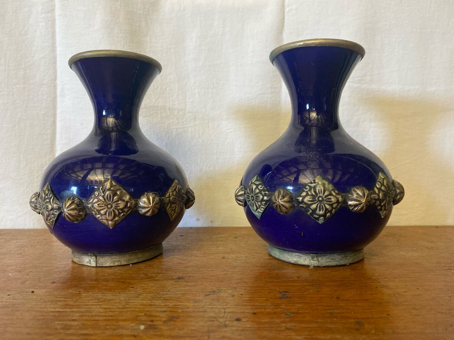 Pair of antique cobalt blue ceramic vases + vintage metal decor