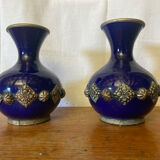 Pair of antique cobalt blue ceramic vases + vintage metal decor