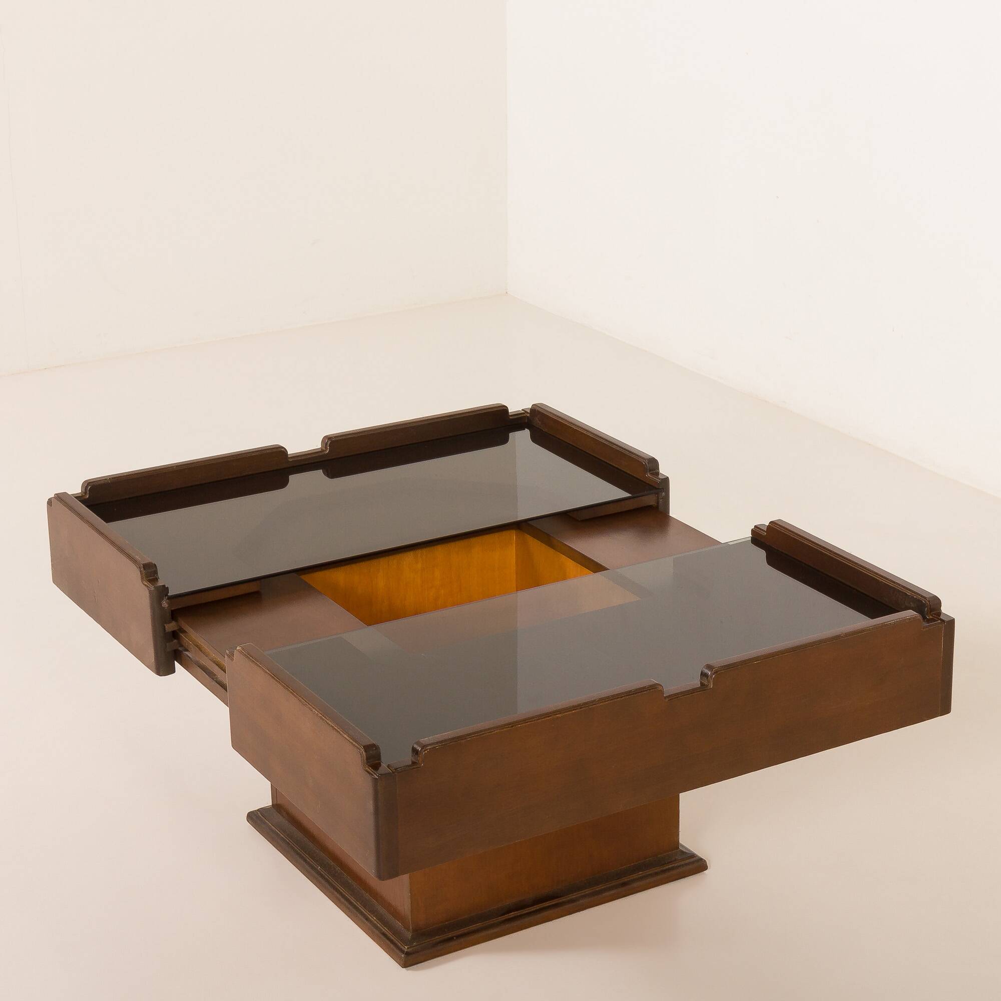 Italian vintage coffee table with bar compartment, walnut and glass, 1970s