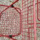 Set of 5 vintage red metal mesh folding chairs, Ted Net style.
