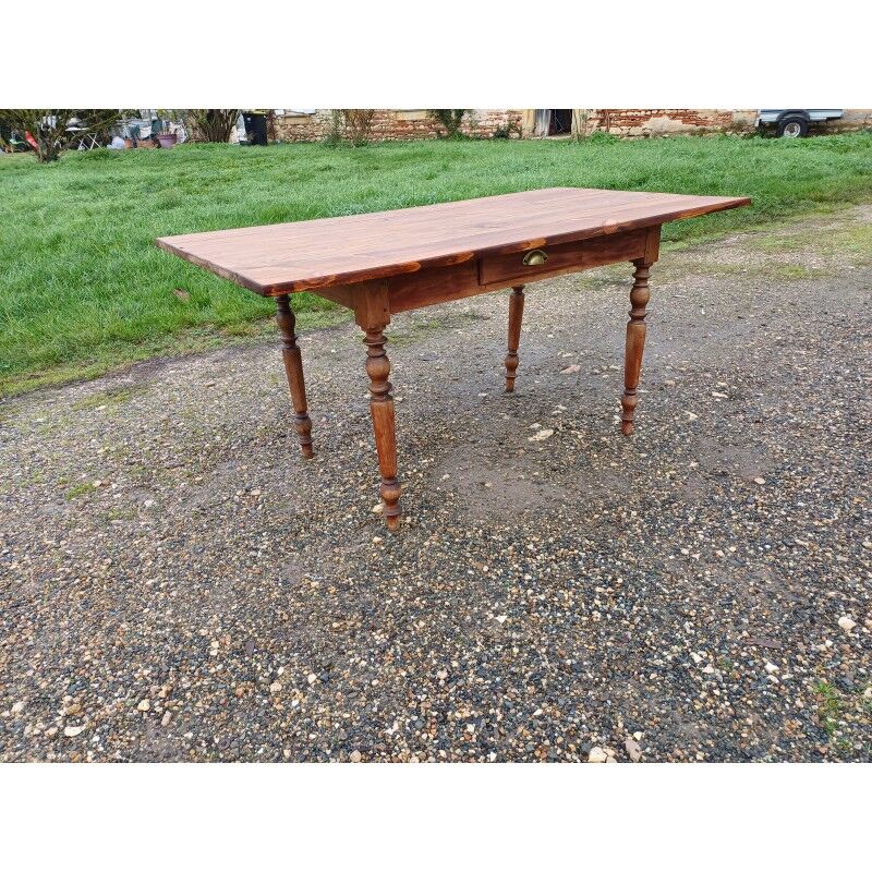 Country farmhouse table in pine and walnut, 1 drawer