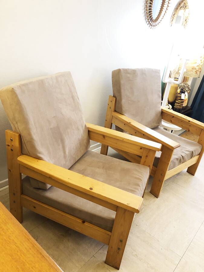 Pair of Scandinavian pine armchairs, 1970