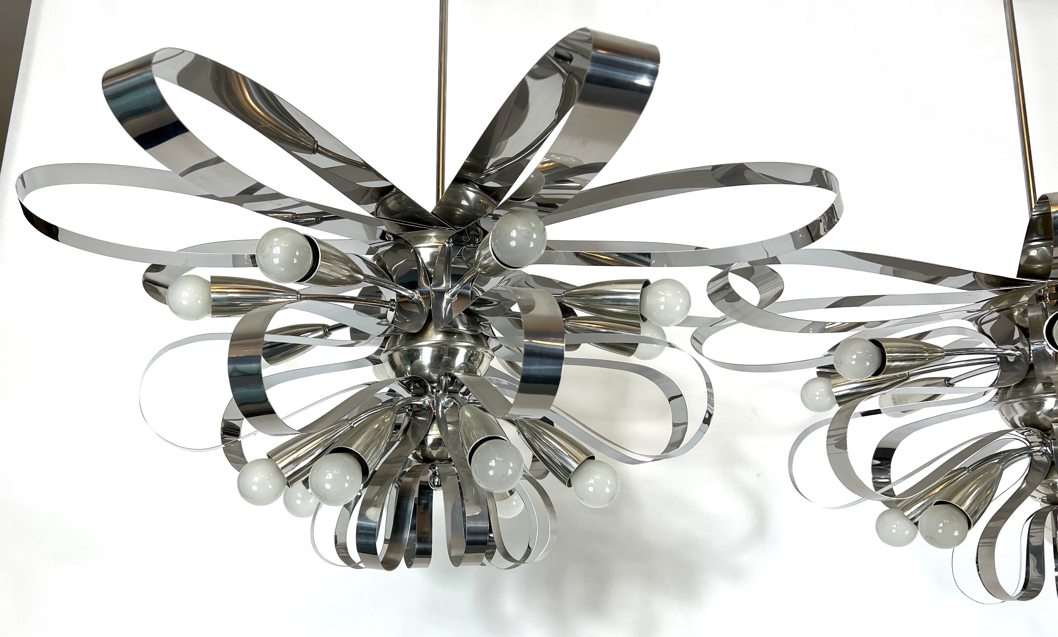 Mid-century pair of Italian chrome chandeliers from 70