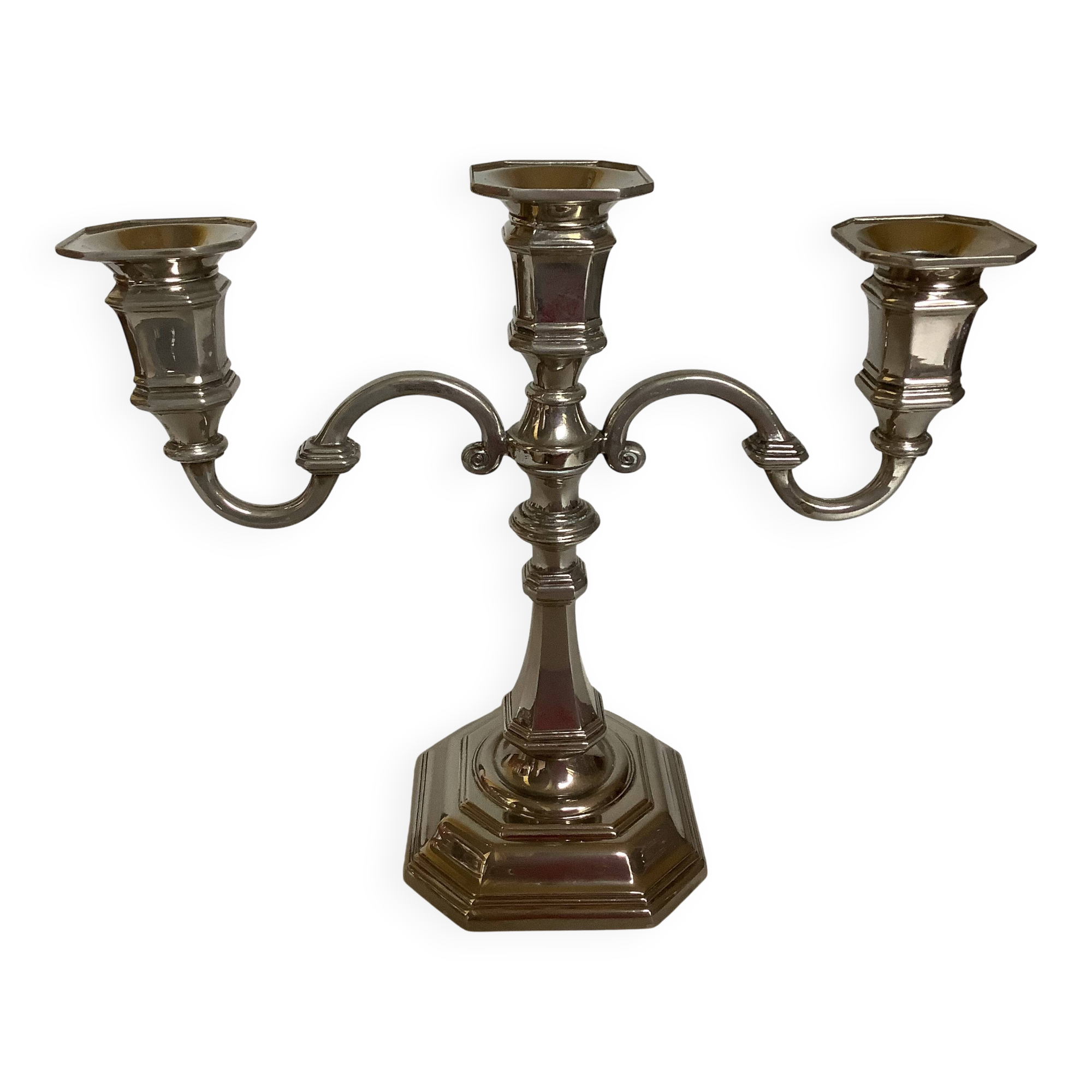 Large silver-plated metal three-light candlestick