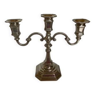 Grand chandelier bougeoir argenté en métal 3 feux