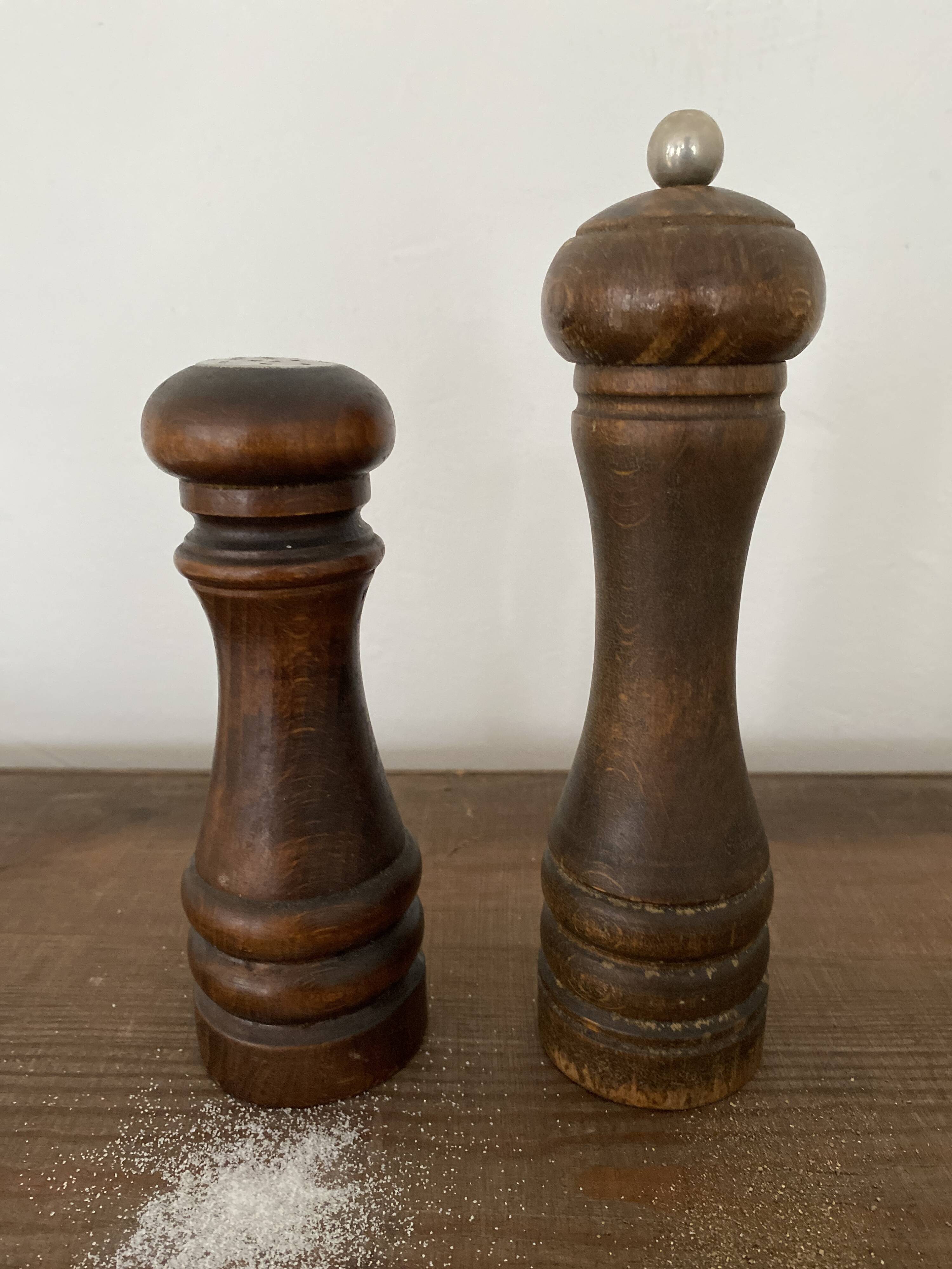 Vintage turned wooden pepper and salt mill