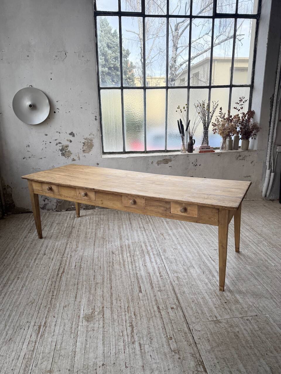 Pine and oak farmhouse table with multiple drawers, communal type, 240cm.