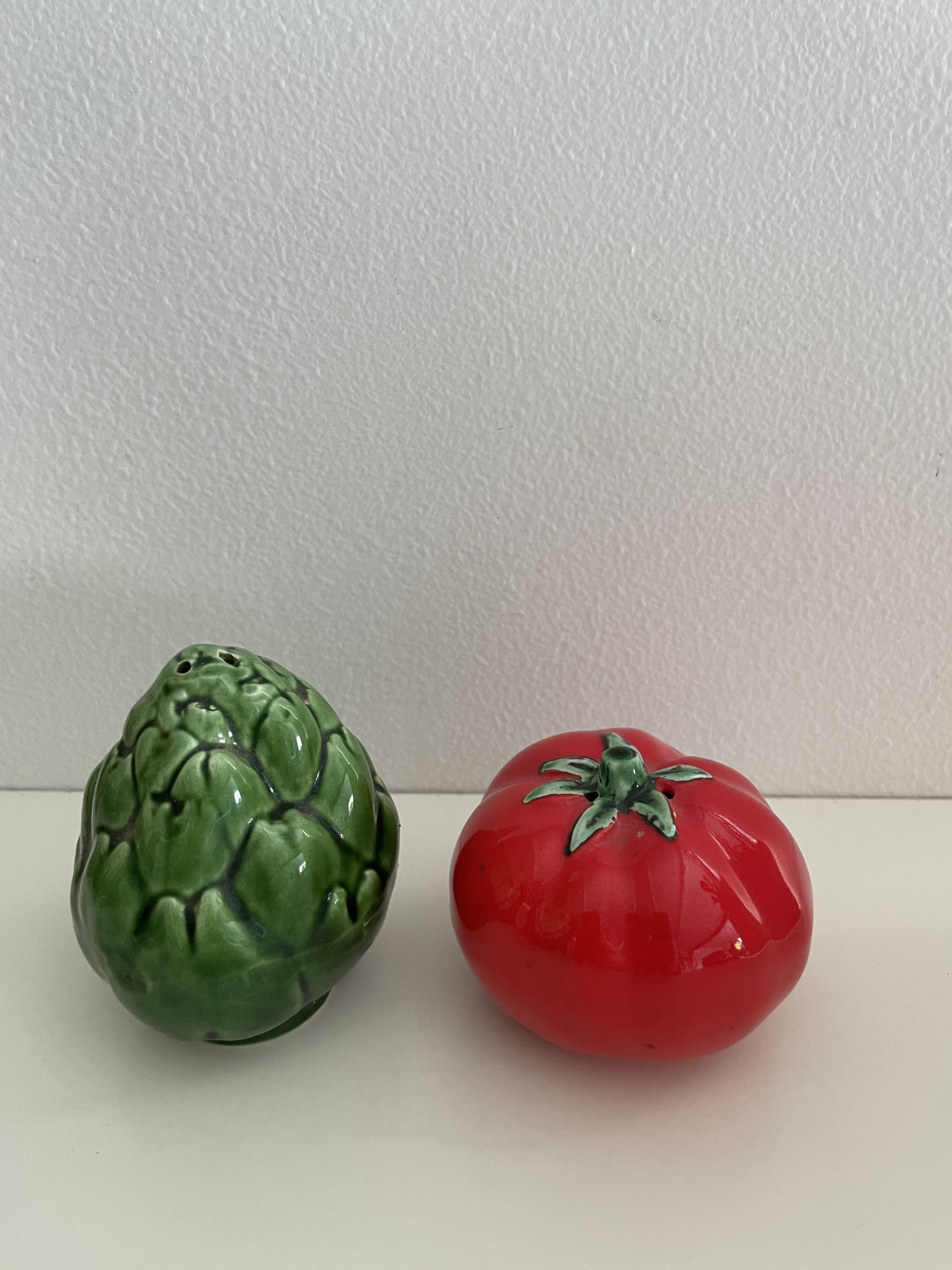 Ceramic artichoke tomato salt and pepper shakers in slip