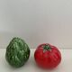 Ceramic artichoke tomato salt and pepper shakers in slip