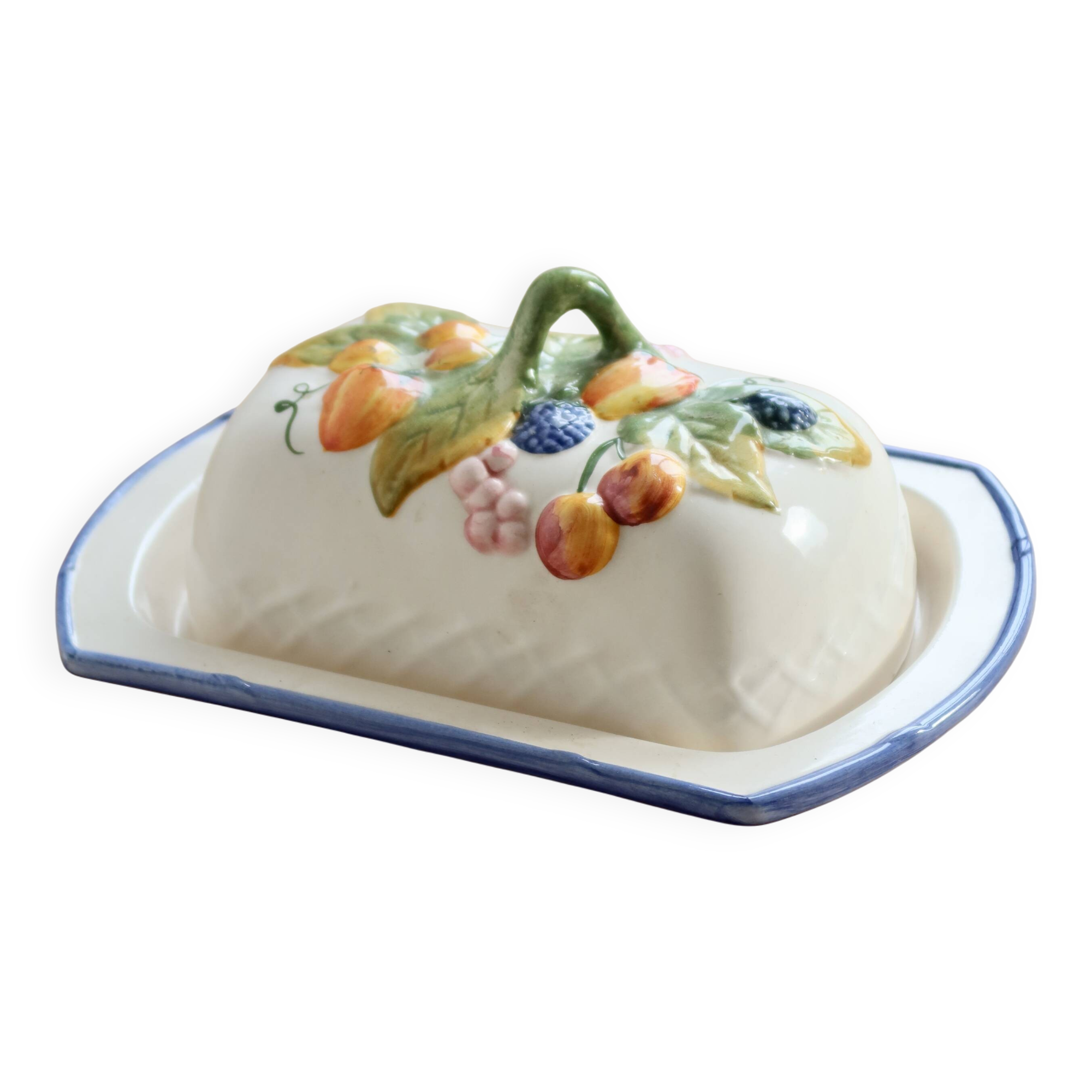 Large vintage faience butter dish with slip decoration – Fruit design