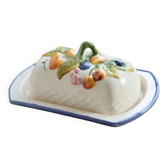 Large vintage faience butter dish with slip decoration – Fruit design