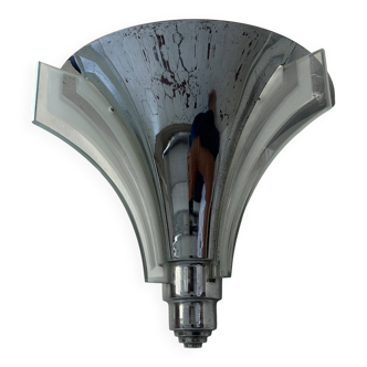 Applique moderniste art déco, chrome et verre sablé, France 1930