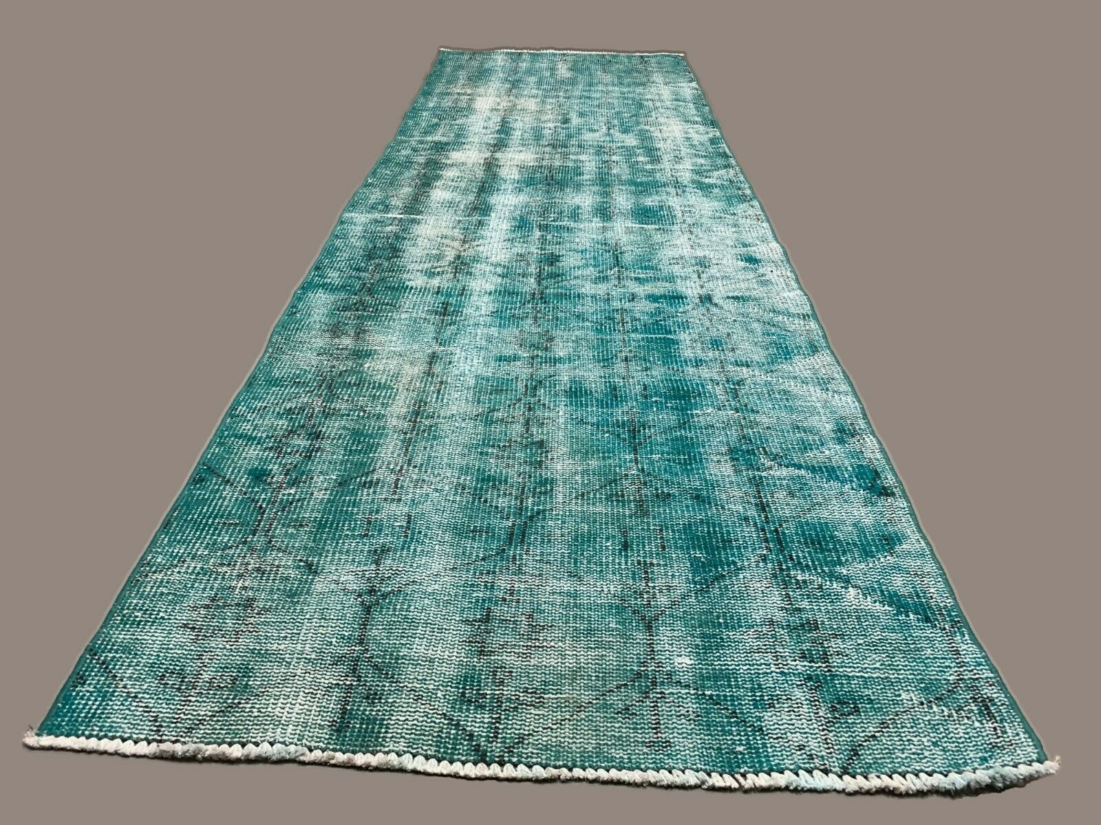 Distressed Turkish Narrow Runner 282x88 cm wool Vintage rug, Overdyed Blue