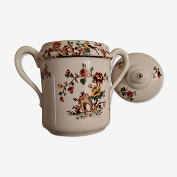 Sucrier en porcelaine de Limoges motifs floraux et oiseau