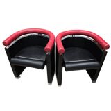 Pair of 80s designer leather and chrome metal armchairs
