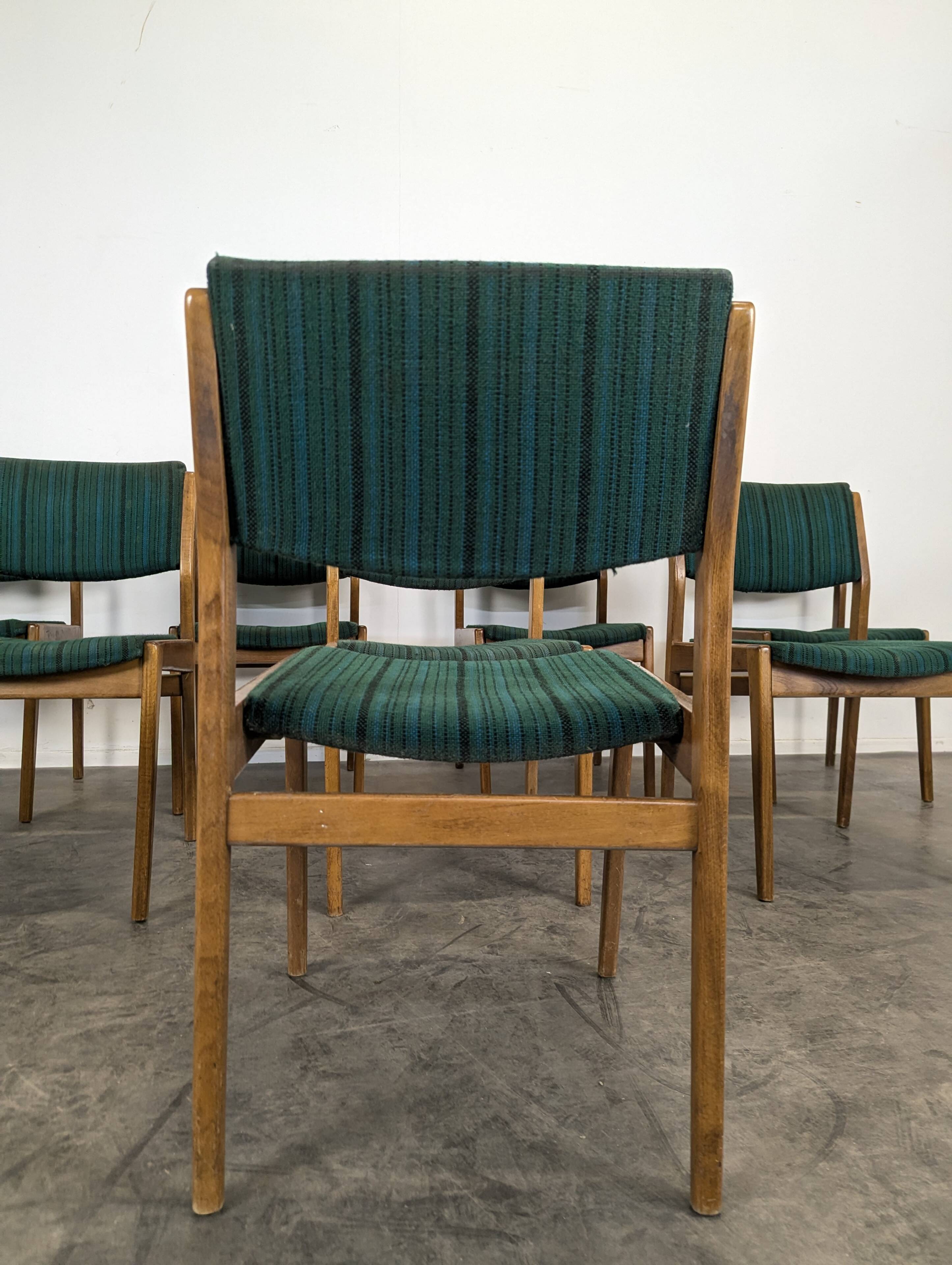 Set of 8 vintage green fabric chairs.