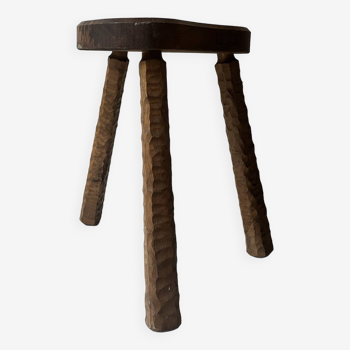 tabouret berger bas brutaliste en bois sculpté, france 1950