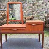 Vintage Scandinavian teak dressing table with 1 drawer 1 flap and its swivel mirror.
