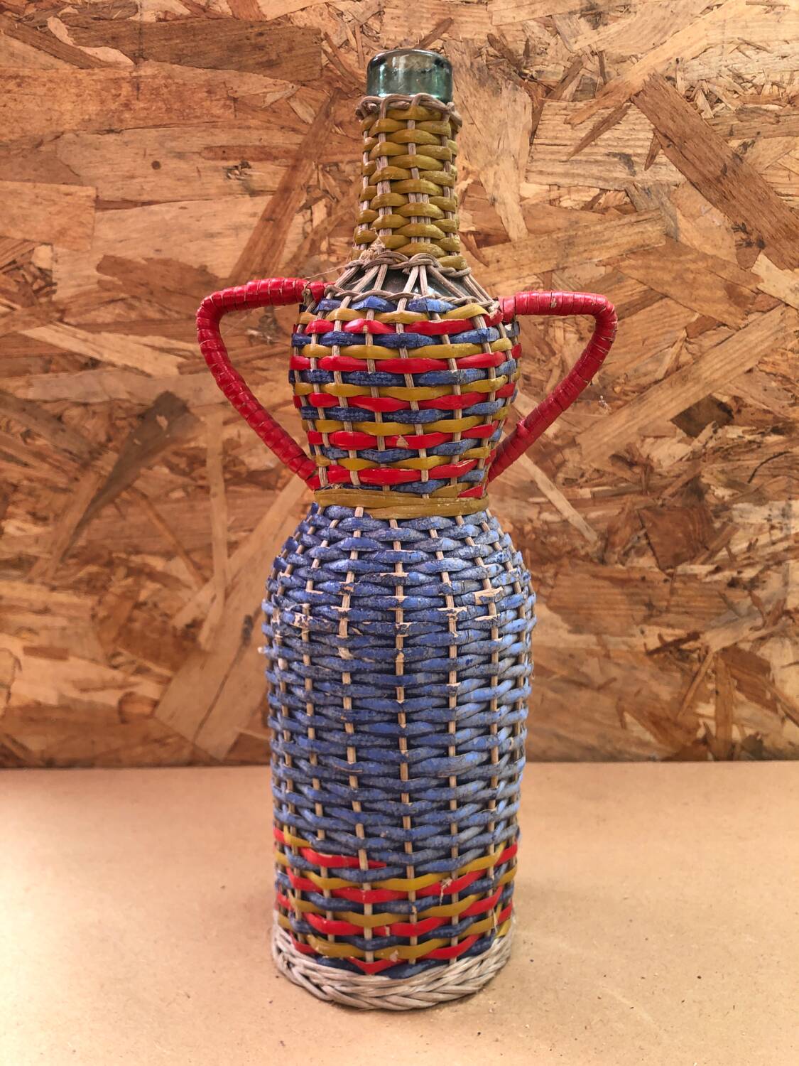 Old Lady Jeanne Bottle Glass + Rattan Woven Wicker Painted Vintage