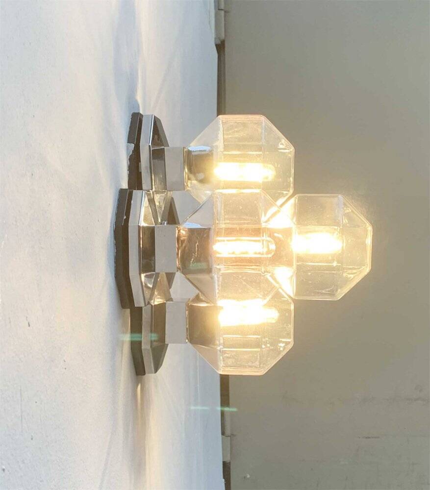 Vintage German wall or ceiling lamp in chrome and glass, space age design by Motoko Ishii for Staff.