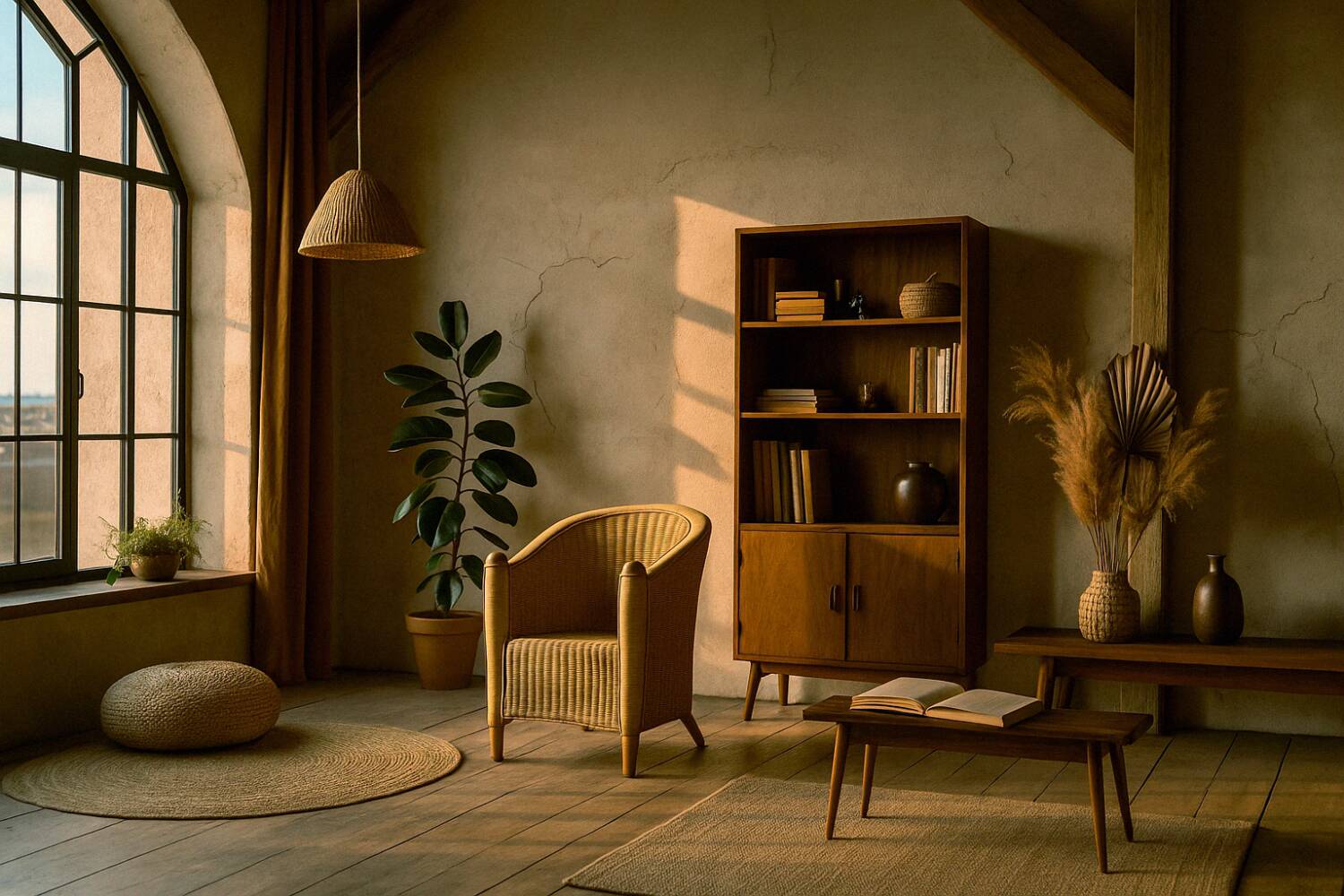 Vintage Mid-Century Italian Modern Boho Rattan Barrel Chair, 1970s